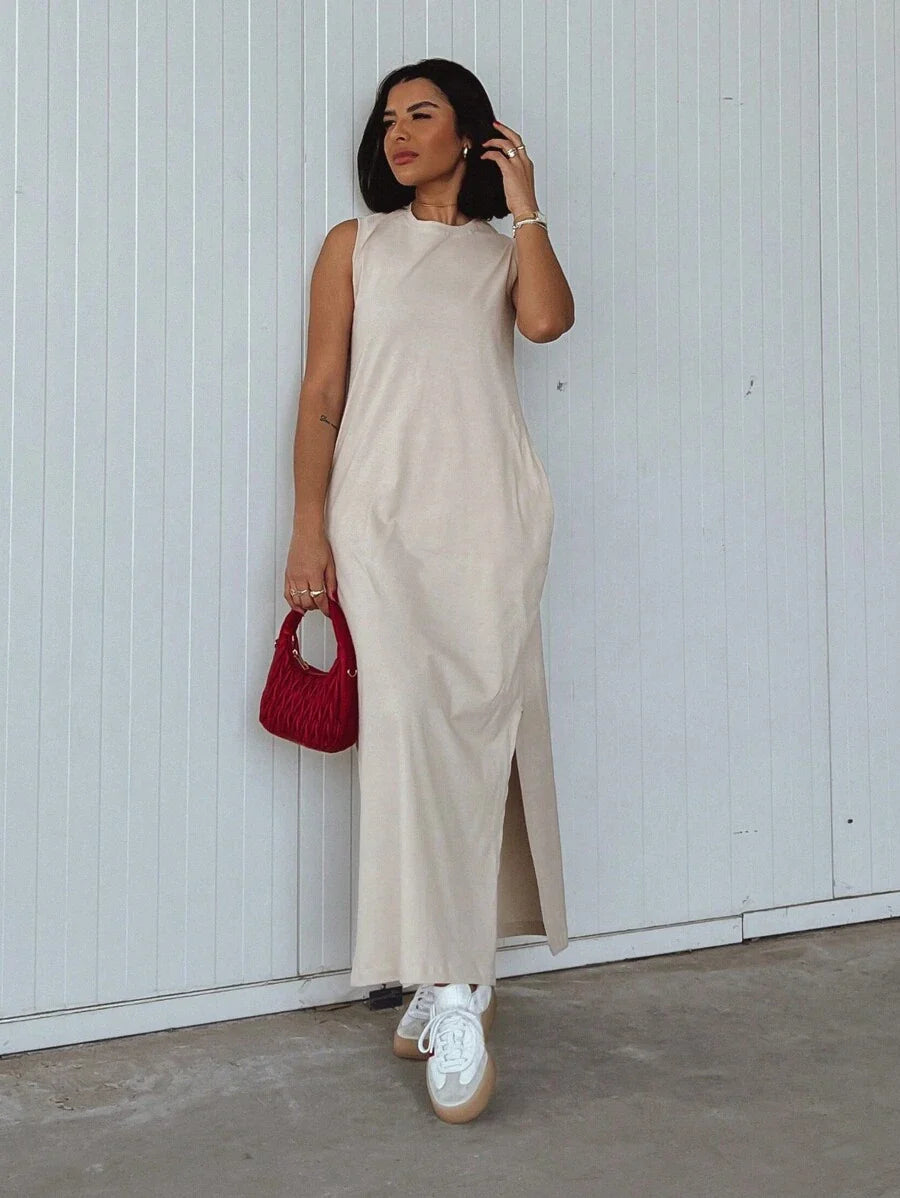 Vestido Blogueira Feminino Algodão Longo Cavado Confort