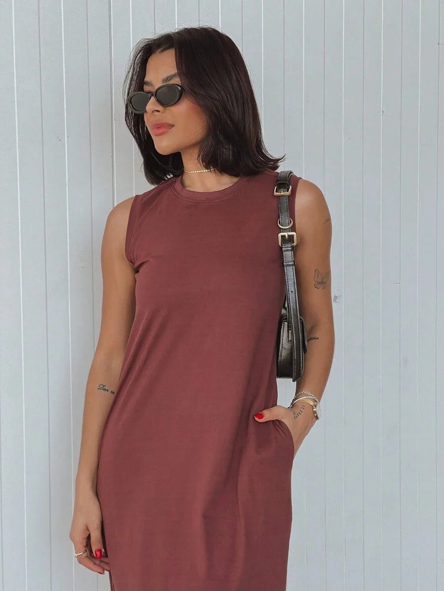 Vestido Blogueira Feminino Algodão Longo Cavado Confort