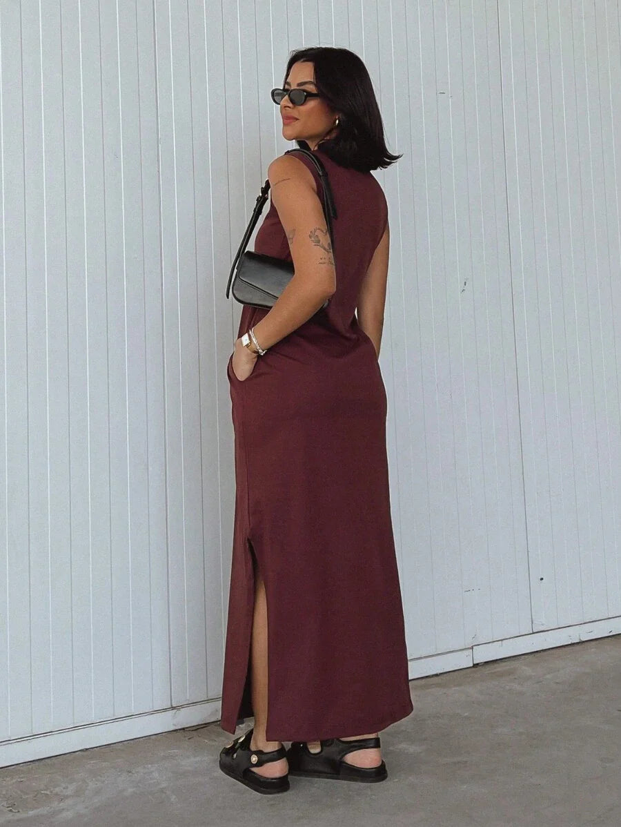 Vestido Blogueira Feminino Algodão Longo Cavado Confort