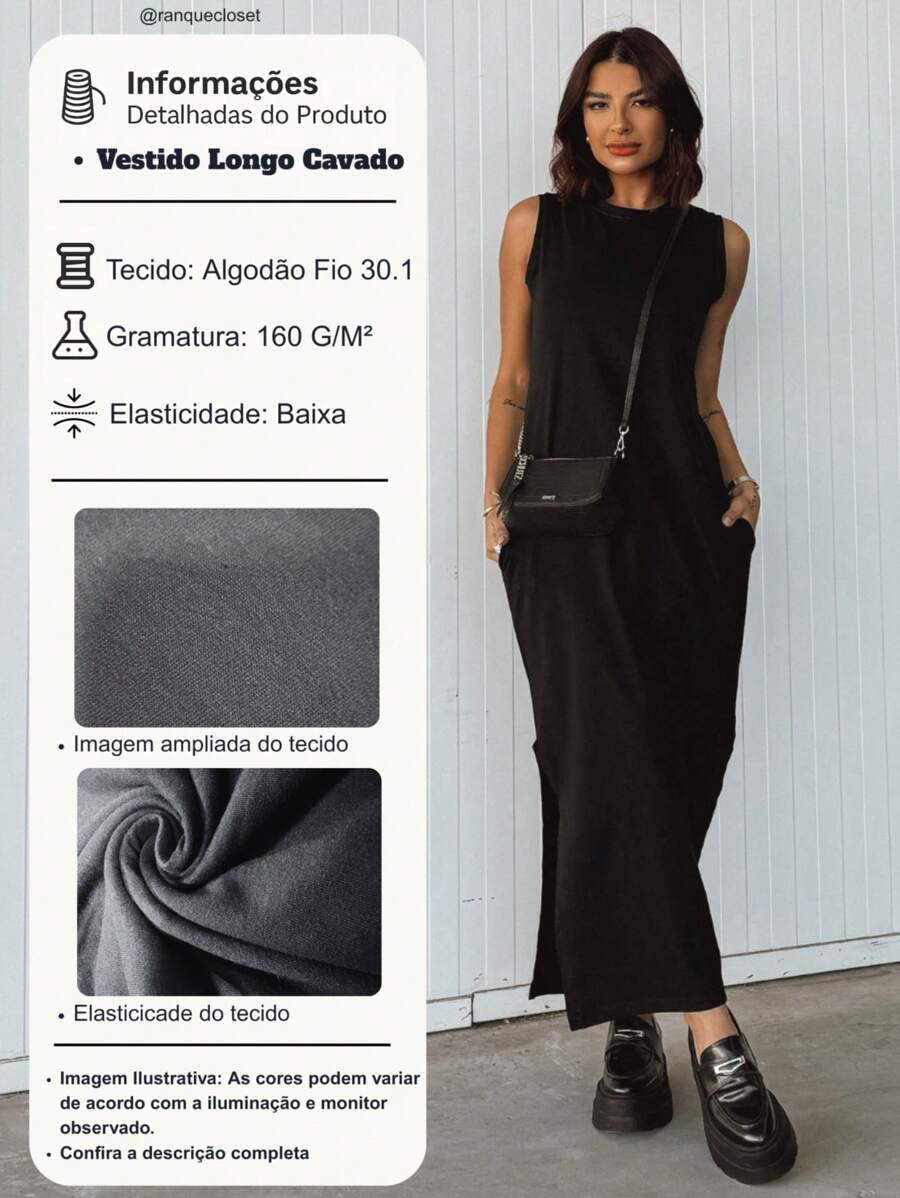 Vestido Blogueira Feminino Algodão Longo Cavado Confort