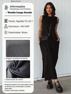 Vestido Blogueira Feminino Algodão Longo Cavado Confort