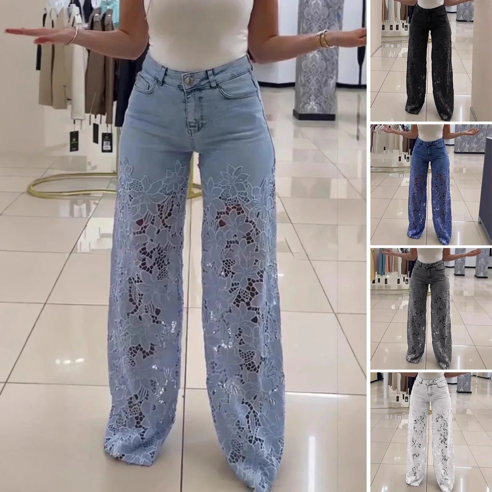 Calça Jeans Bettina™ em Denim Moderno com Renda Artesanal Floral / Estilo e Conforto Casual Chic para Looks Memoráveis